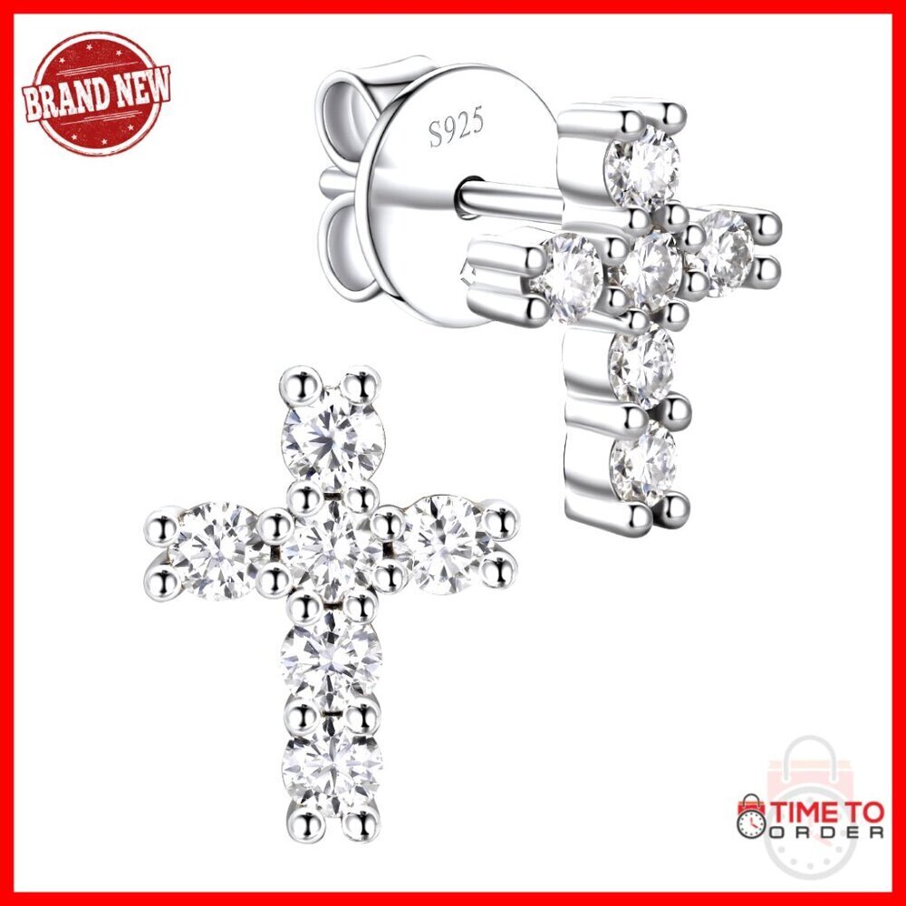 Sterling Silver Moissanite Cross Stud Earrings, Hypoallergenic Jewelry Gift